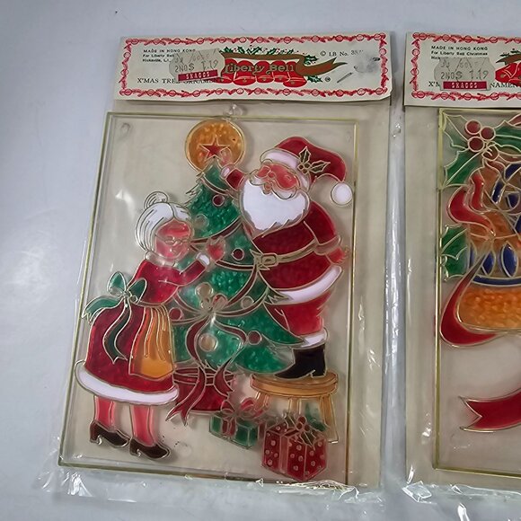 Vintage Liberty Bell Christmas Plastic Stained Glass Ornaments NOS Set of 2 - Picture 3 of 9